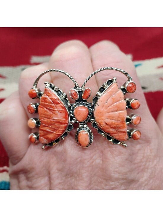CK Jewelry - Native Signed CK Sterling Silver Orange Spiny Oyster Butterfly Ring Adjustable